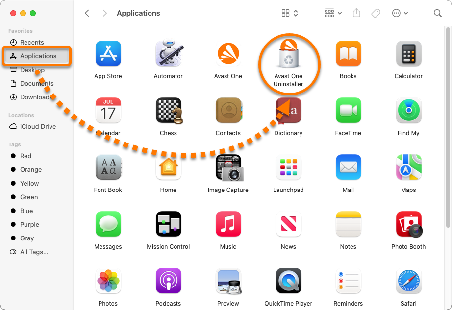 Official Finder Applications view showing the Avast One Uninstaller on macOS
