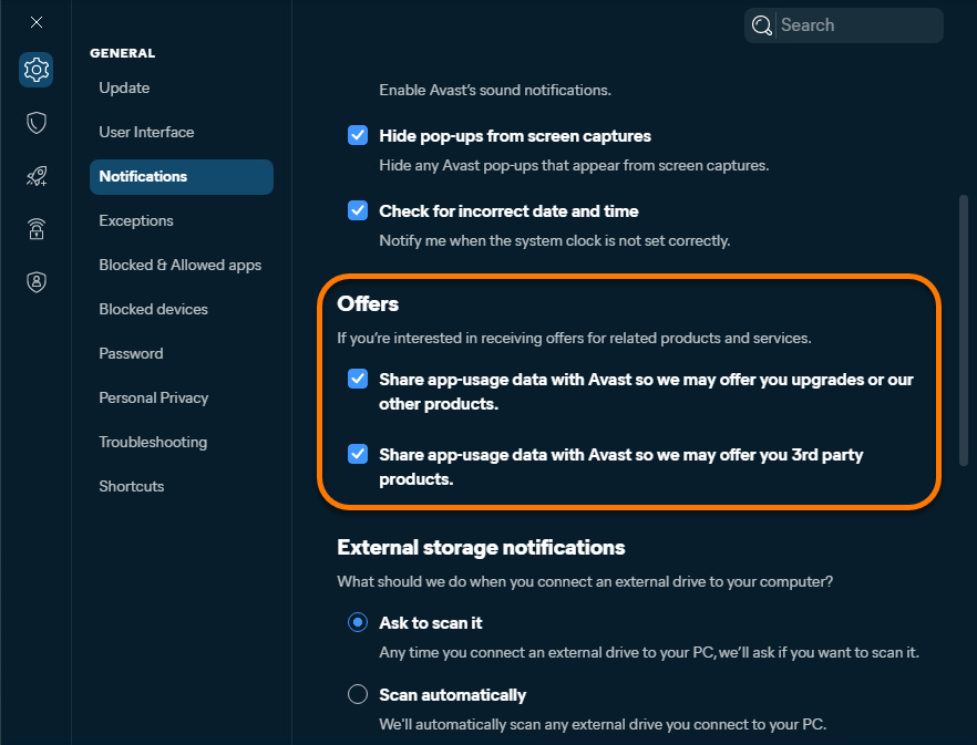 Official New Avast One Notifications page showing separate product and third-party offer controls