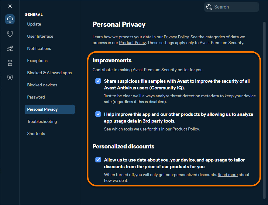 Official New Avast One Personal Privacy controls for Community IQ analytics and personalized discounts