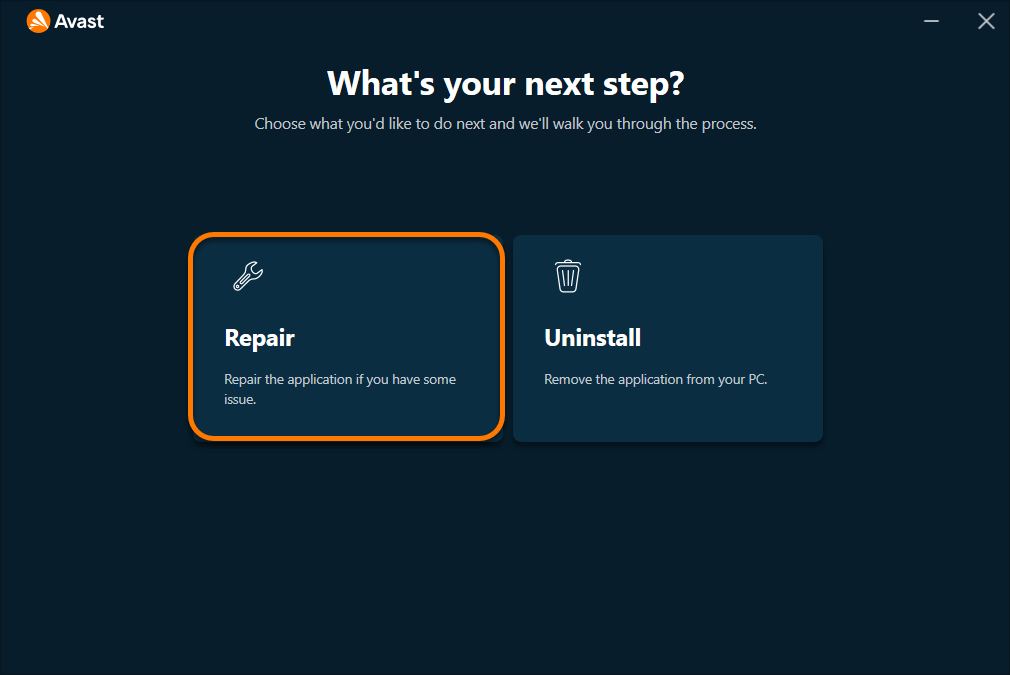 Official Avast One setup screen with Repair and Uninstall choices