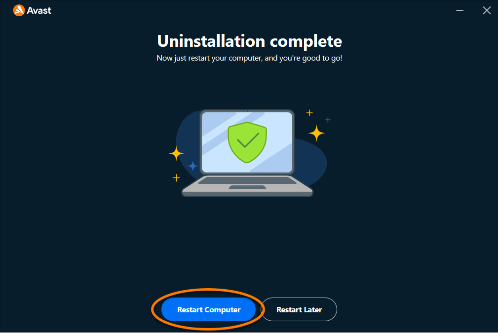 Official Avast One uninstallation-complete screen with Restart Computer action