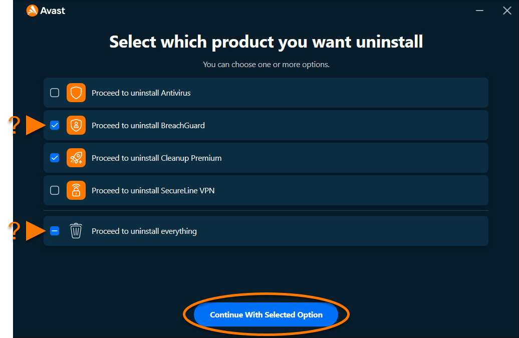 Official Avast One uninstaller selecting Antivirus BreachGuard Cleanup VPN or all apps for removal