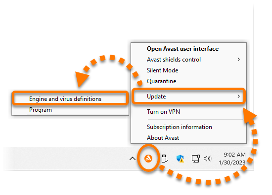 Official Avast One tray menu command for updating engine and virus definitions