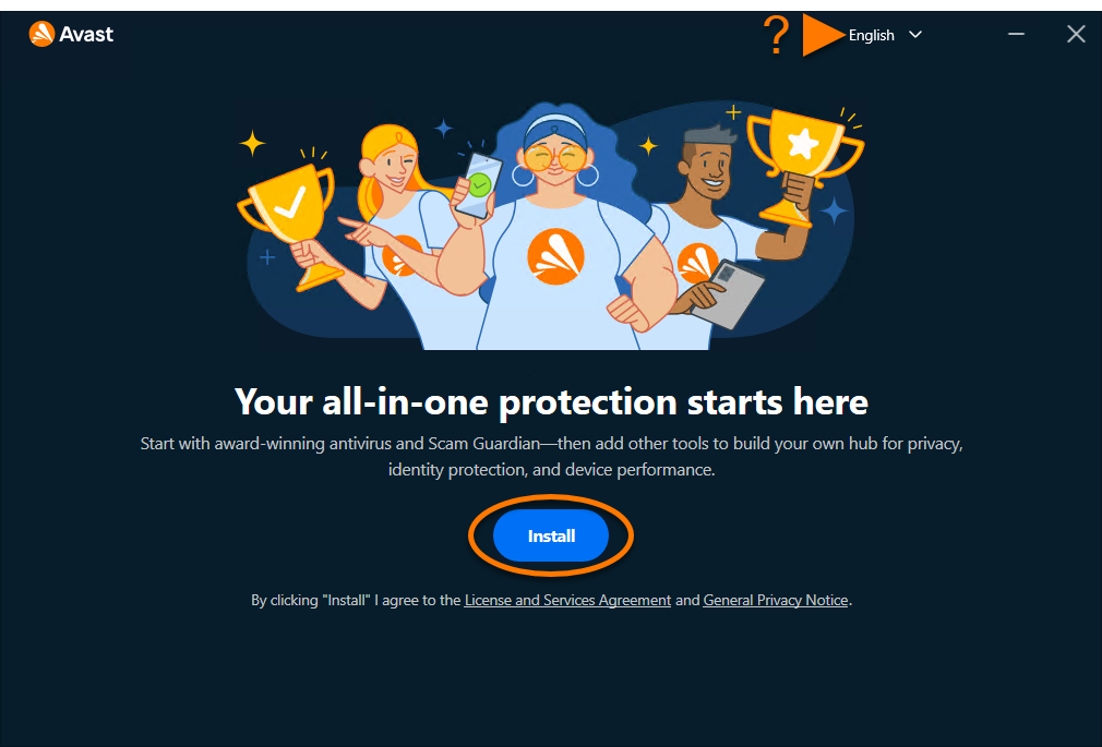Official Avast One Windows installer with language menu and Install button