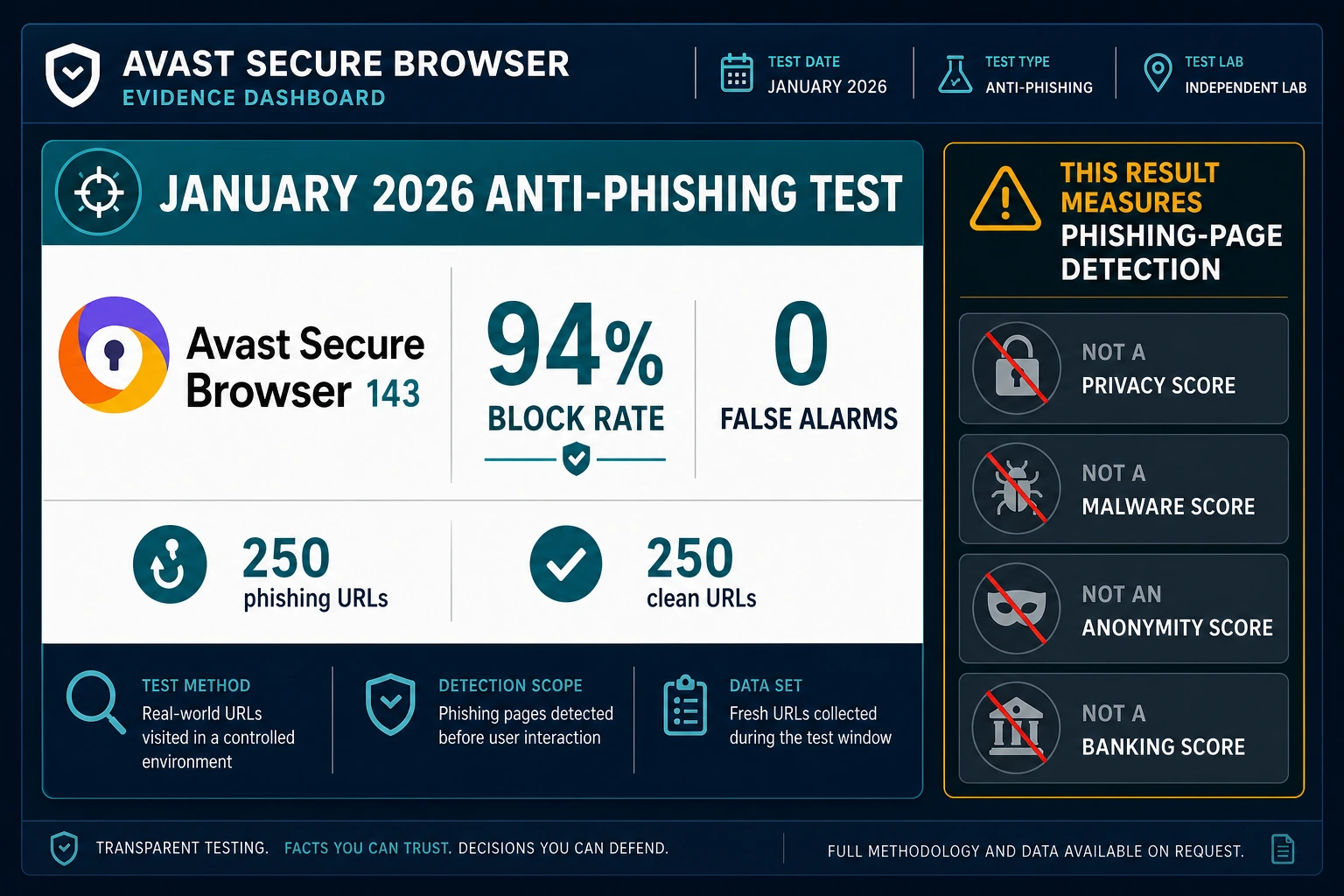 Avast Secure Browser 143 January 2026 anti-phishing result showing a 94 percent block rate and zero false alarms across two 250-URL sets