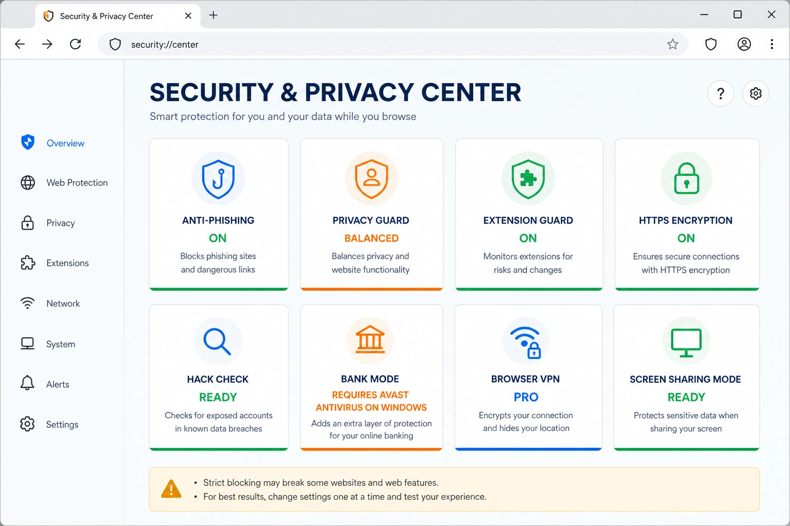 Avast Secure Browser security center with anti-phishing, privacy, extension, HTTPS, breach check, Bank Mode, VPN and screen-sharing controls