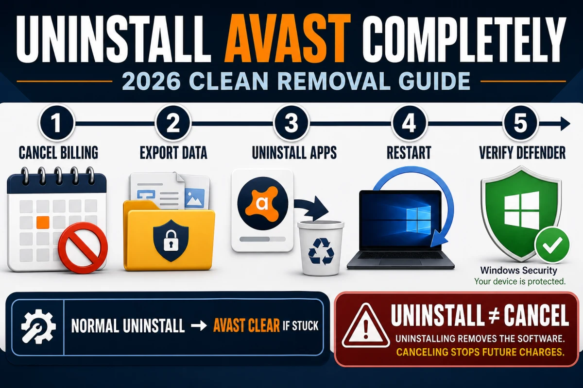 Avast clean-removal checklist covering billing data export uninstall restart and Microsoft Defender verification