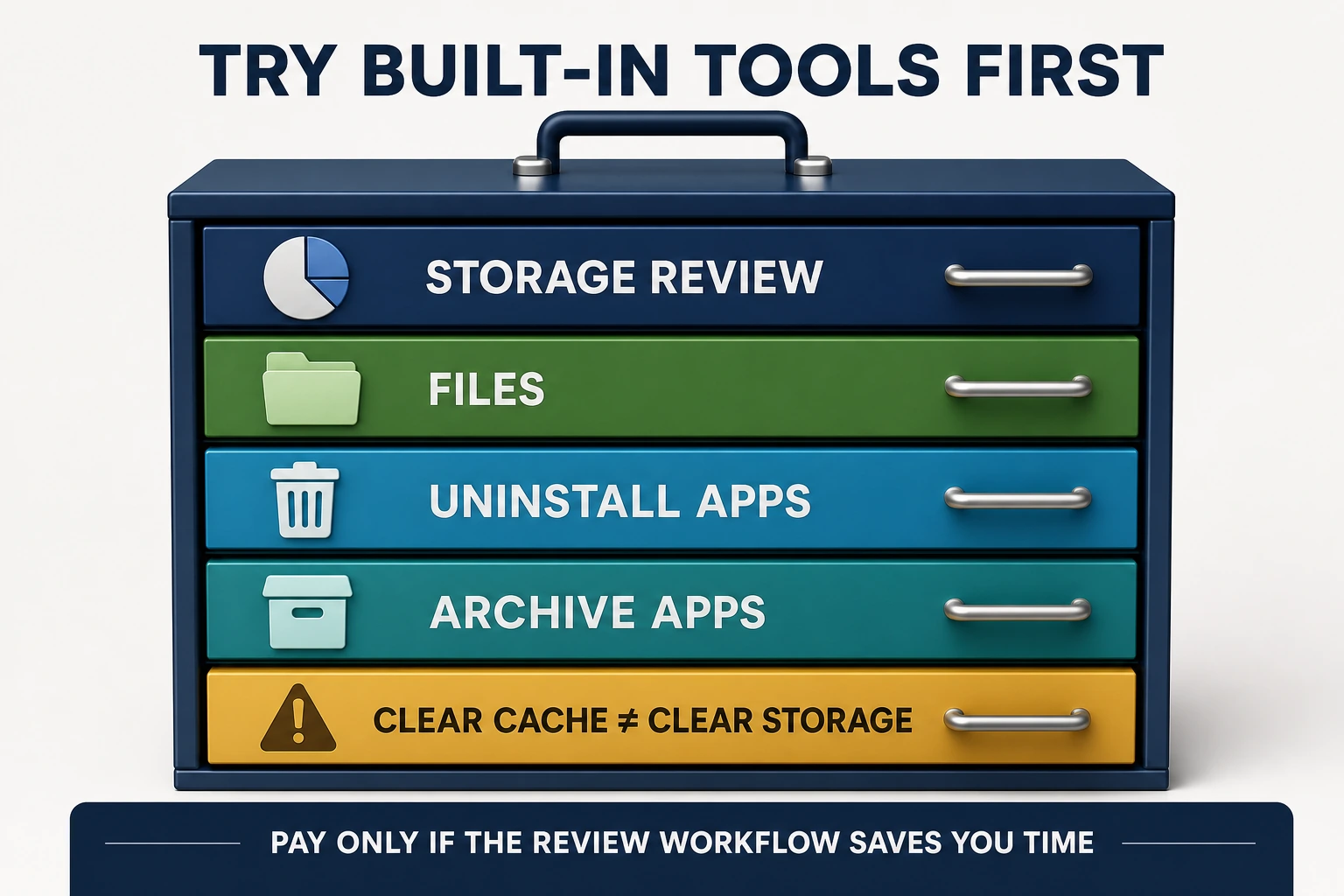 Built-in Android maintenance toolbox for storage review, files, app uninstall, app archiving and cache decisions