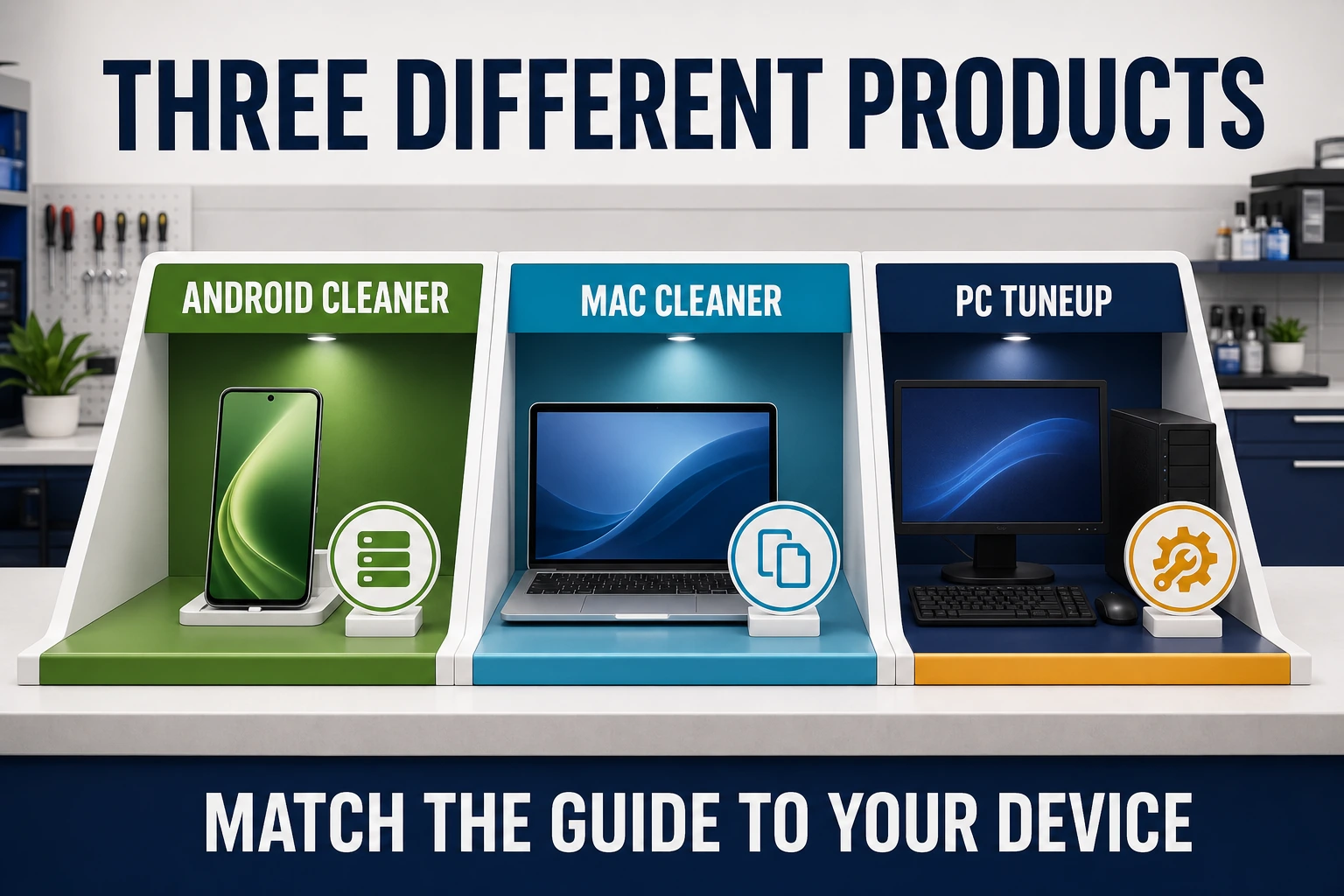 Device chooser separating AVG Cleaner for Android, AVG Cleaner for Mac and AVG TuneUp for Windows PCs