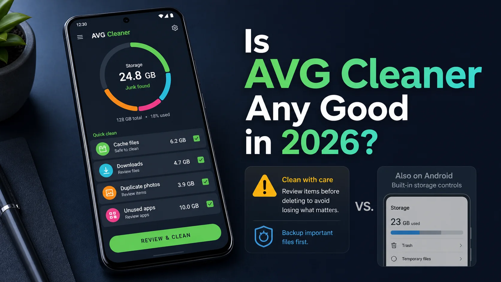 AVG Cleaner Android storage dashboard compared with built-in storage controls and a review-before-delete warning