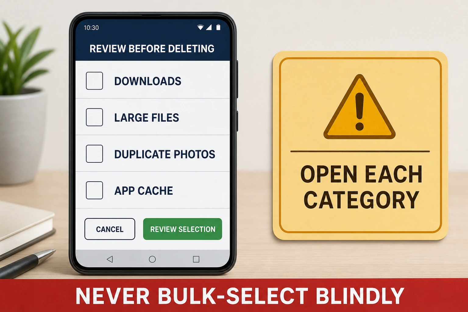 Android cleaner review screen with unselected downloads, large files, duplicate photos and app cache categories