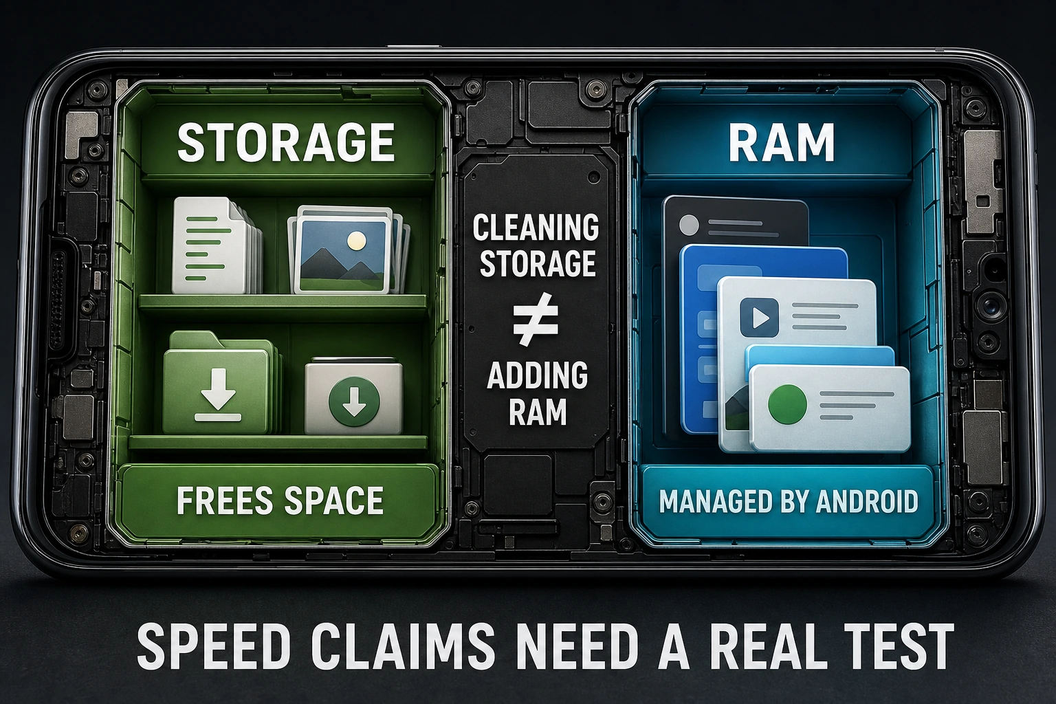 Android phone cutaway separating file storage from RAM managed by the operating system