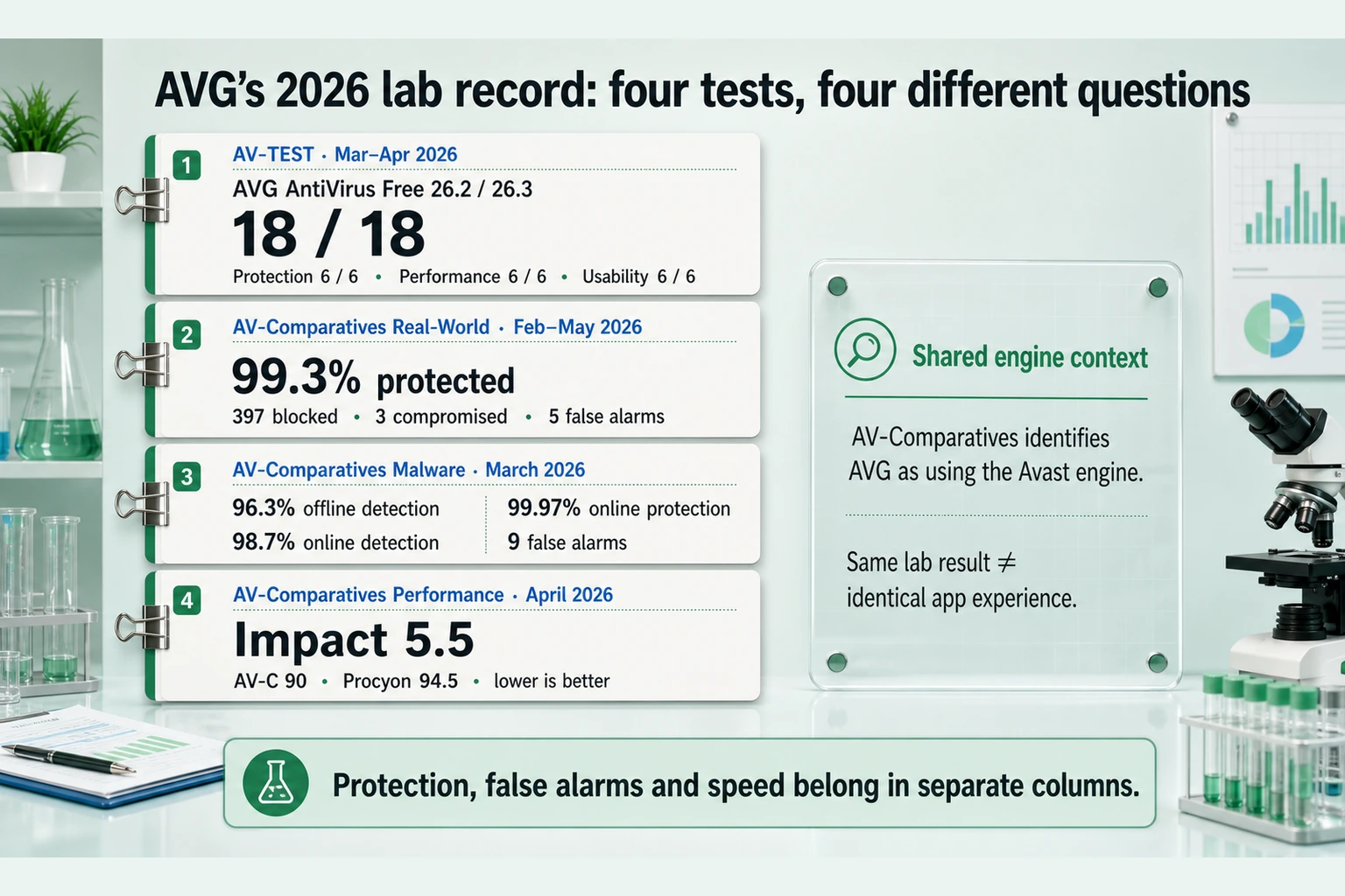 AVG 2026 AV-TEST, AV-Comparatives protection, malware and performance results with shared-engine context