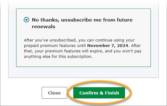 Official AVG Account confirmation screen for unsubscribing from future renewals