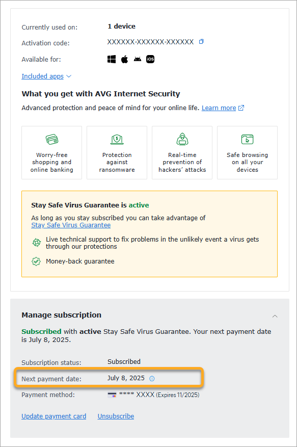 Official AVG Account subscription screen with the next payment date