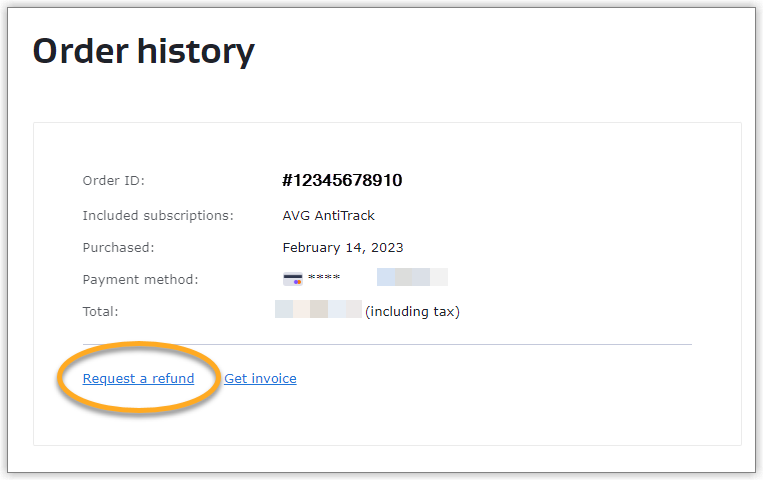 Official AVG Account order history with the Request a refund action