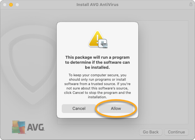Official macOS installer approval screen for AVG Antivirus