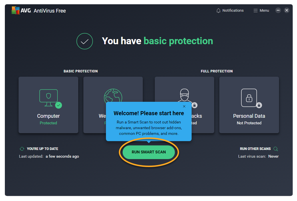 Official AVG AntiVirus Free screen offering the first Smart Scan after installation