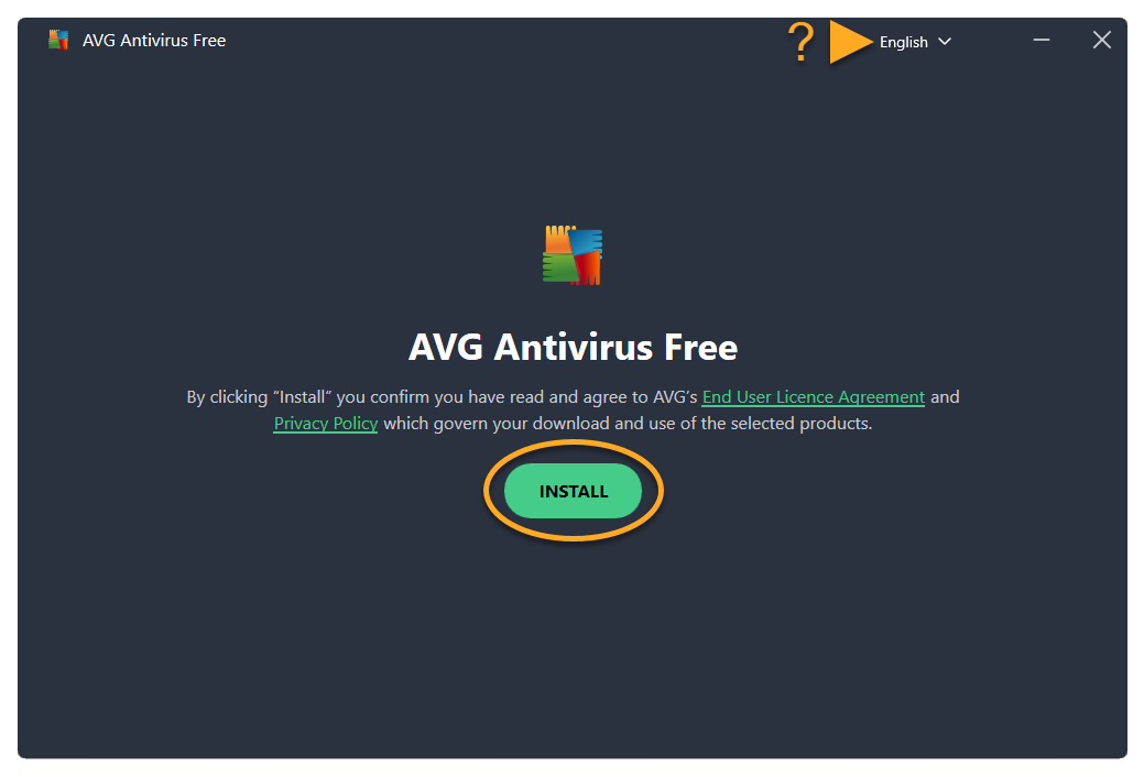 Official AVG AntiVirus Free Windows installer with language and Install controls