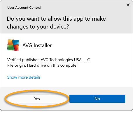 Official Windows User Account Control prompt for the AVG Antivirus installer