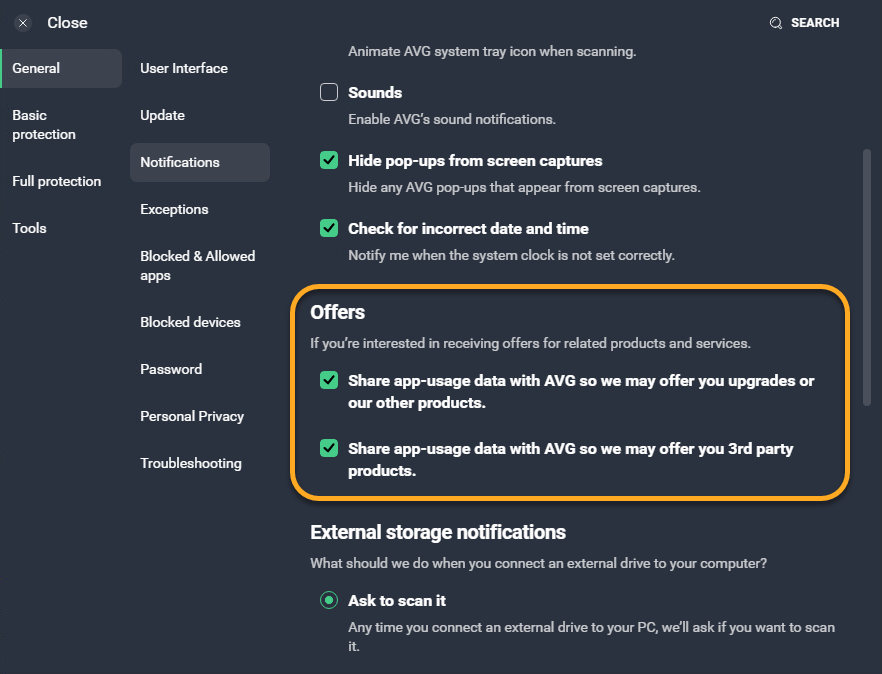Official AVG Offers settings for AVG and third-party product recommendations