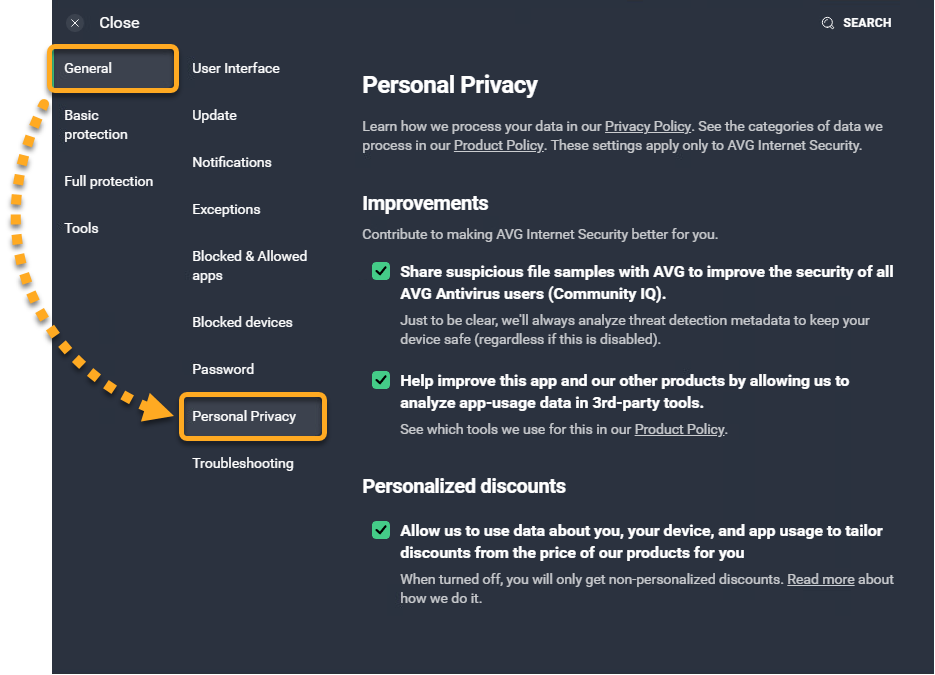 Official AVG Personal Privacy settings for Community IQ analytics and personalized discounts