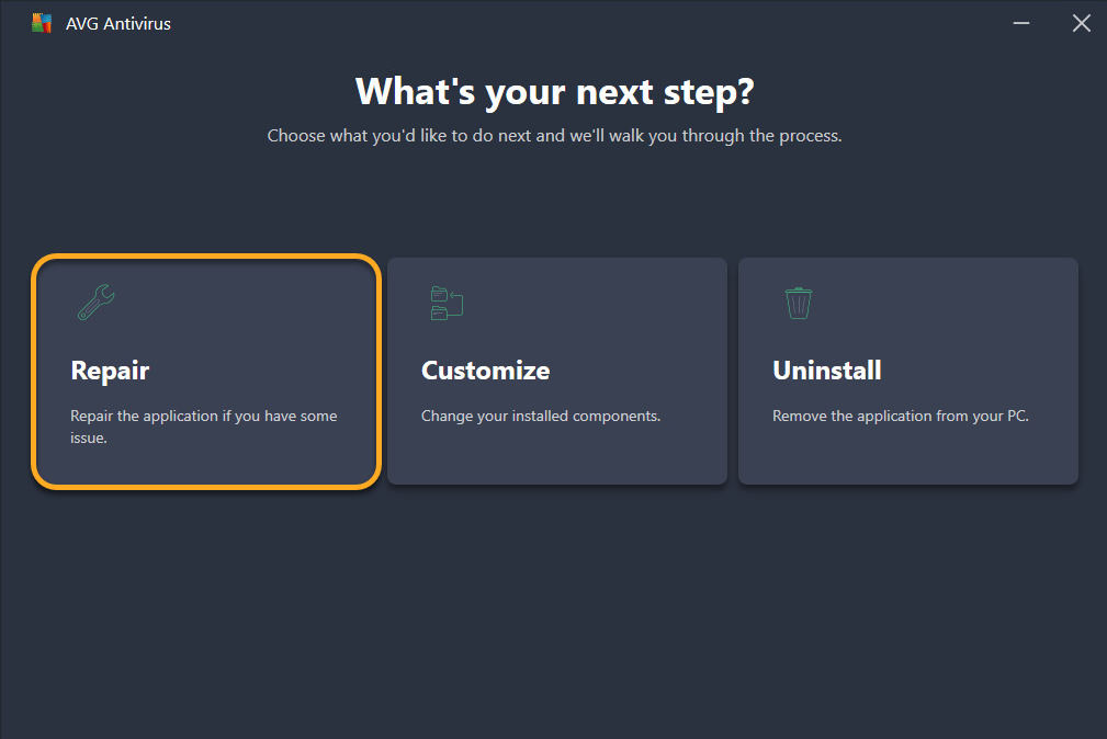 Official AVG Setup window with Repair selected for a broken antivirus installation