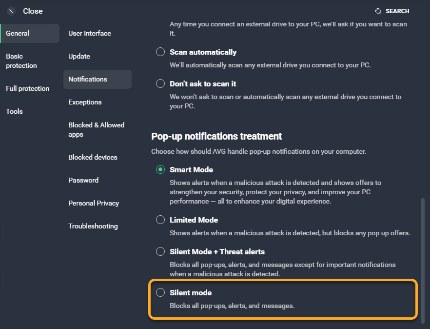 Official AVG Notifications settings with Silent mode selected