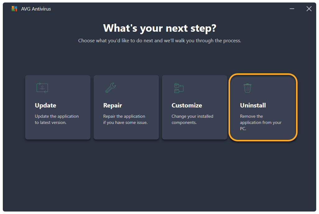 Official AVG Setup window with the Uninstall option selected