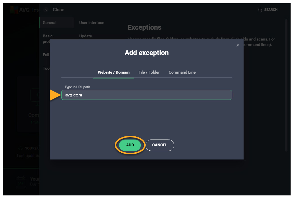 Official AVG website exception form for entering a trusted domain