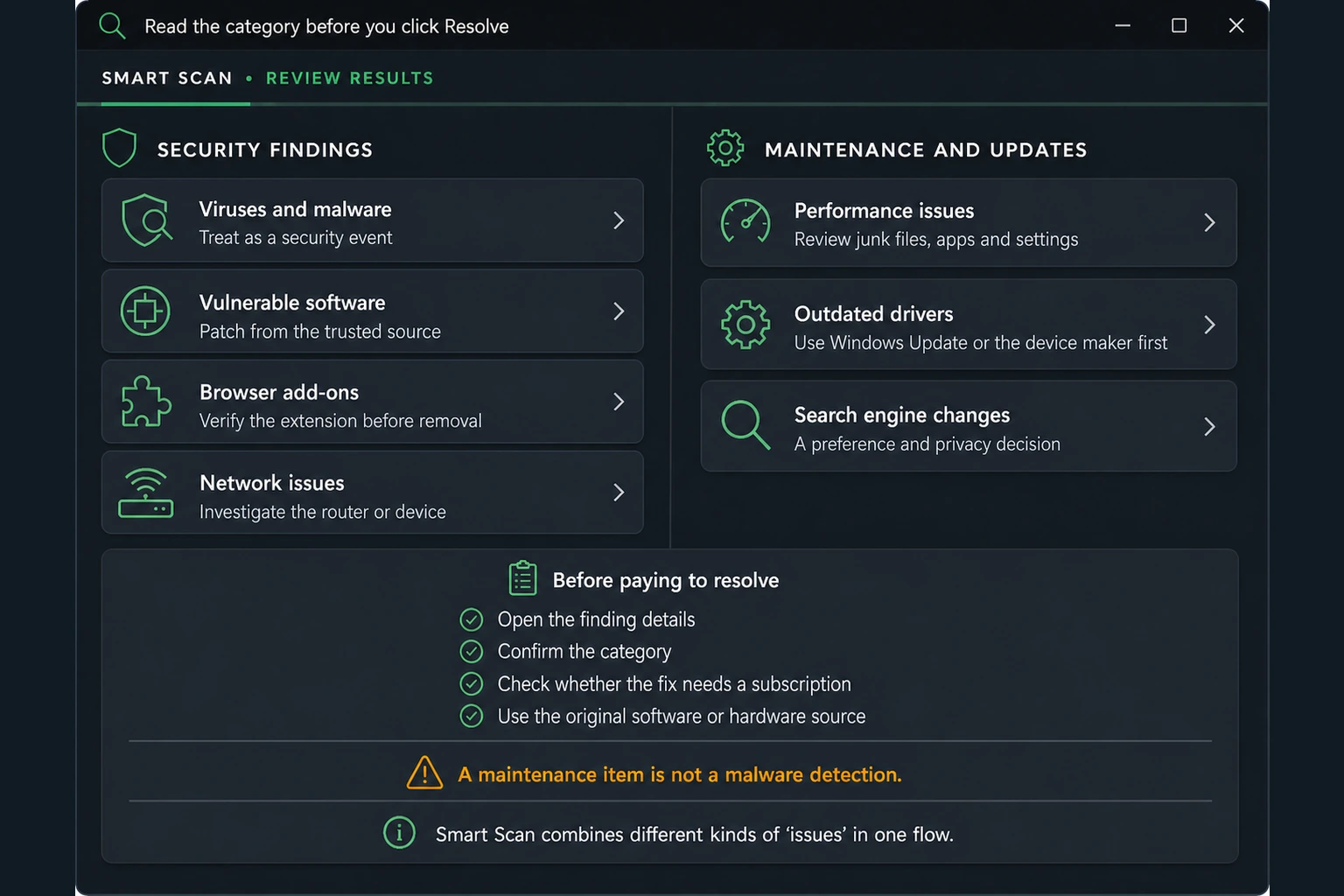 AVG Smart Scan result categories separating malware and network findings from performance and driver maintenance