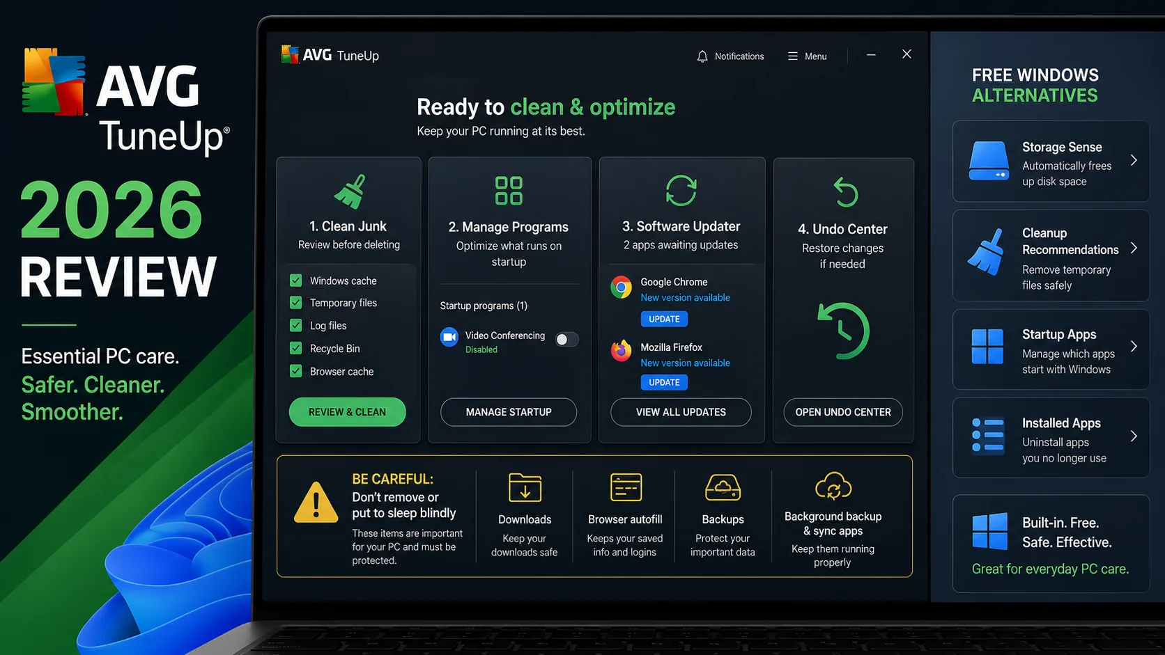 AVG TuneUp review dashboard with junk cleanup, app management, software updates, Undo Center and free Windows alternatives