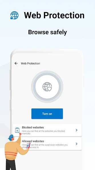 Official Avira Android Google Play screen for turning on Web Protection and reviewing blocked or allowed websites