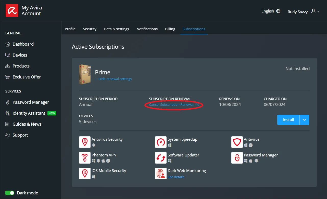 My Avira Account subscription screen with Cancel Subscription Renewal highlighted