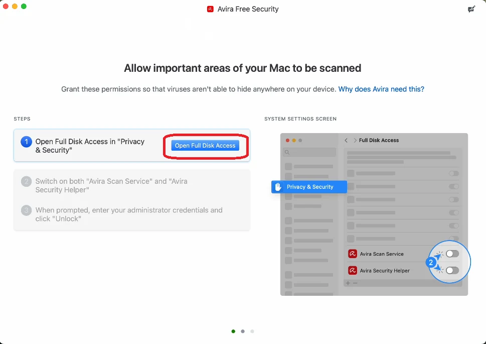macOS Full Disk Access enabled for Avira Scan Service and Avira Security Helper