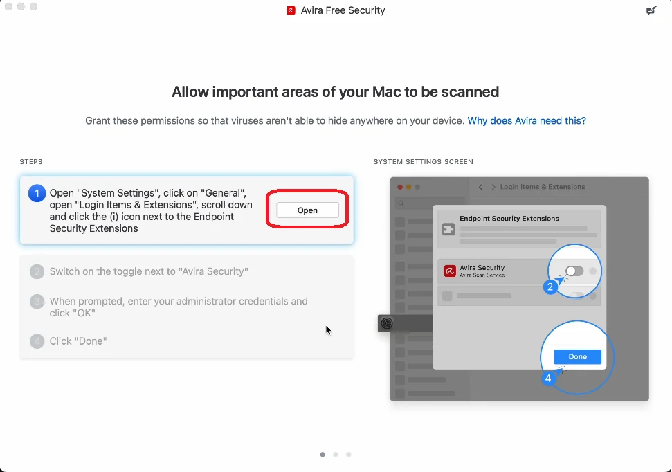 Avira Security setup with the macOS Endpoint Security Extensions permission route