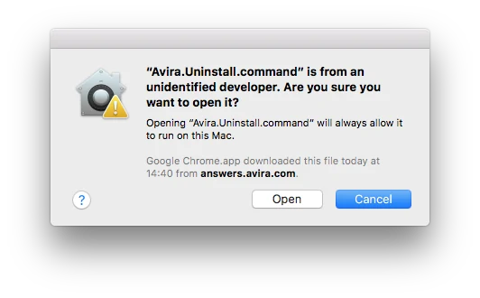 Official Avira Mac leftover removal script confirmation dialog