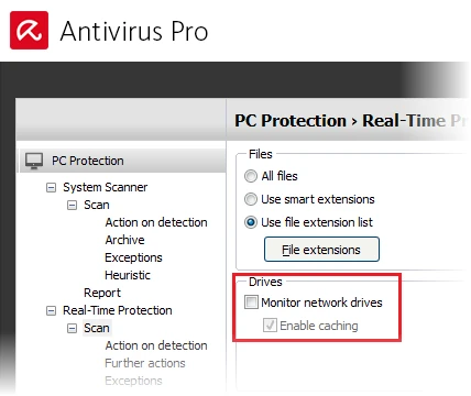 Official Avira Antivirus Pro setting for monitoring network drives in real-time protection