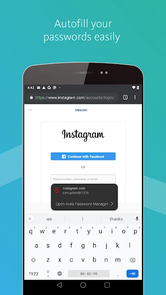 Official Avira Password Manager Android promotional screen for filling an Instagram login
