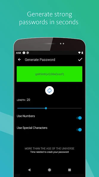 Official Avira Password Manager Android promotional screen for generating a 20-character password