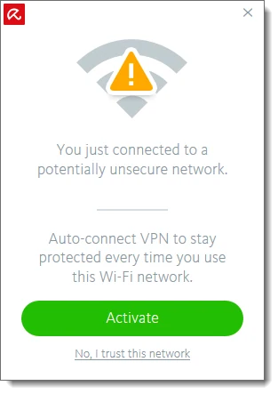 Official Avira Phantom VPN prompt to auto-connect on a potentially unsecured Wi-Fi network