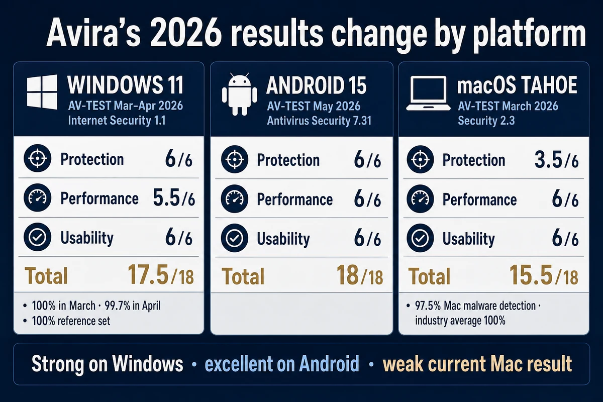 Avira 2026 AV-TEST results compared across Windows 11 Android 15 and macOS Tahoe