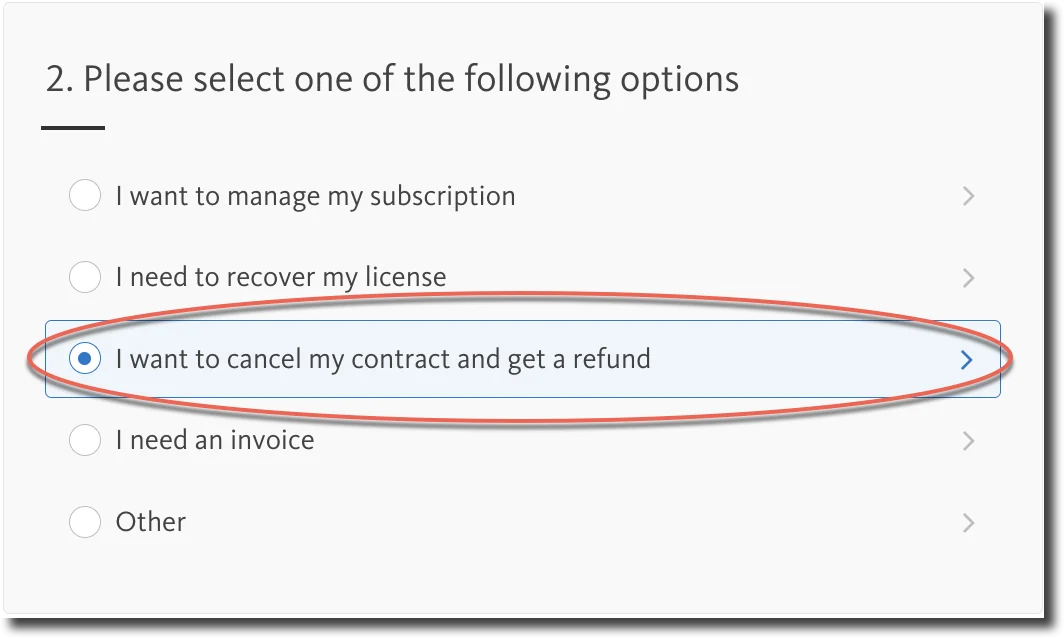 Official Avira support form category for cancelling a contract and requesting a refund