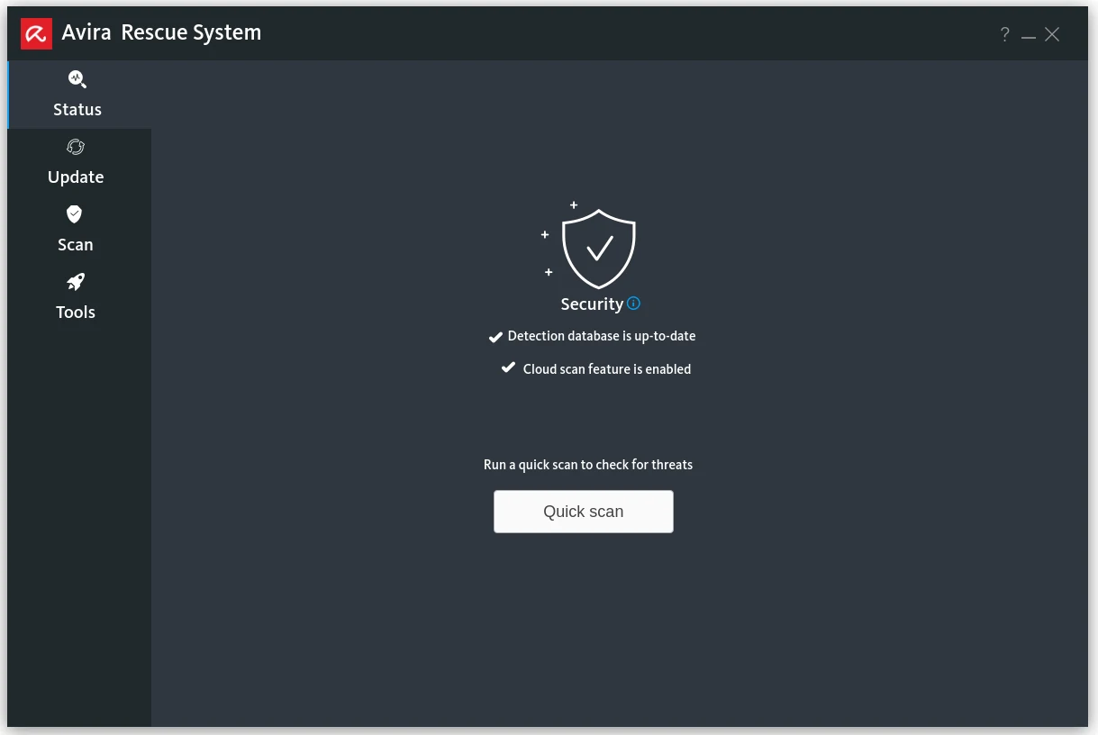 Avira Rescue System status screen with updated database cloud scan enabled and Quick scan selected