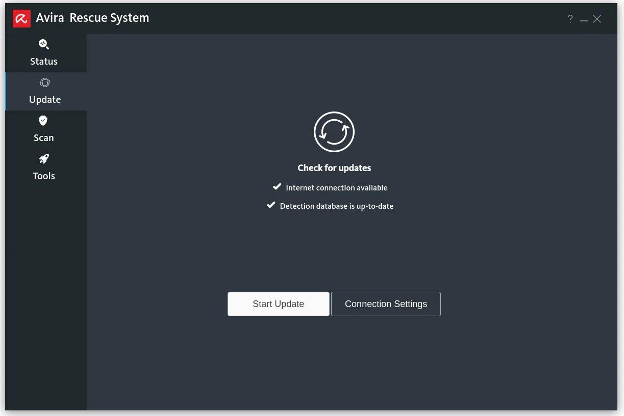 Avira Rescue System Update screen confirming the detection database state and offering Start Update