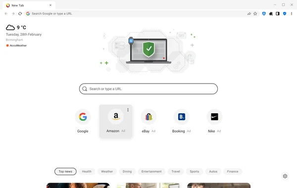 Official Avira Secure Browser promotional window with shopping shortcut tiles and browser controls