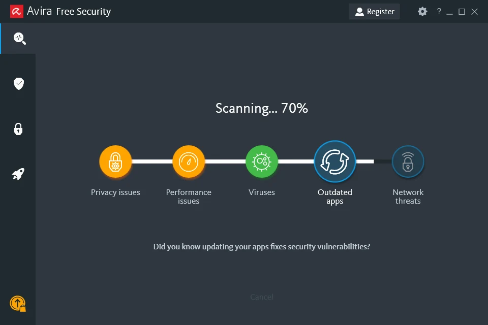Avira Free Security Smart Scan checking privacy performance viruses outdated apps and network threats