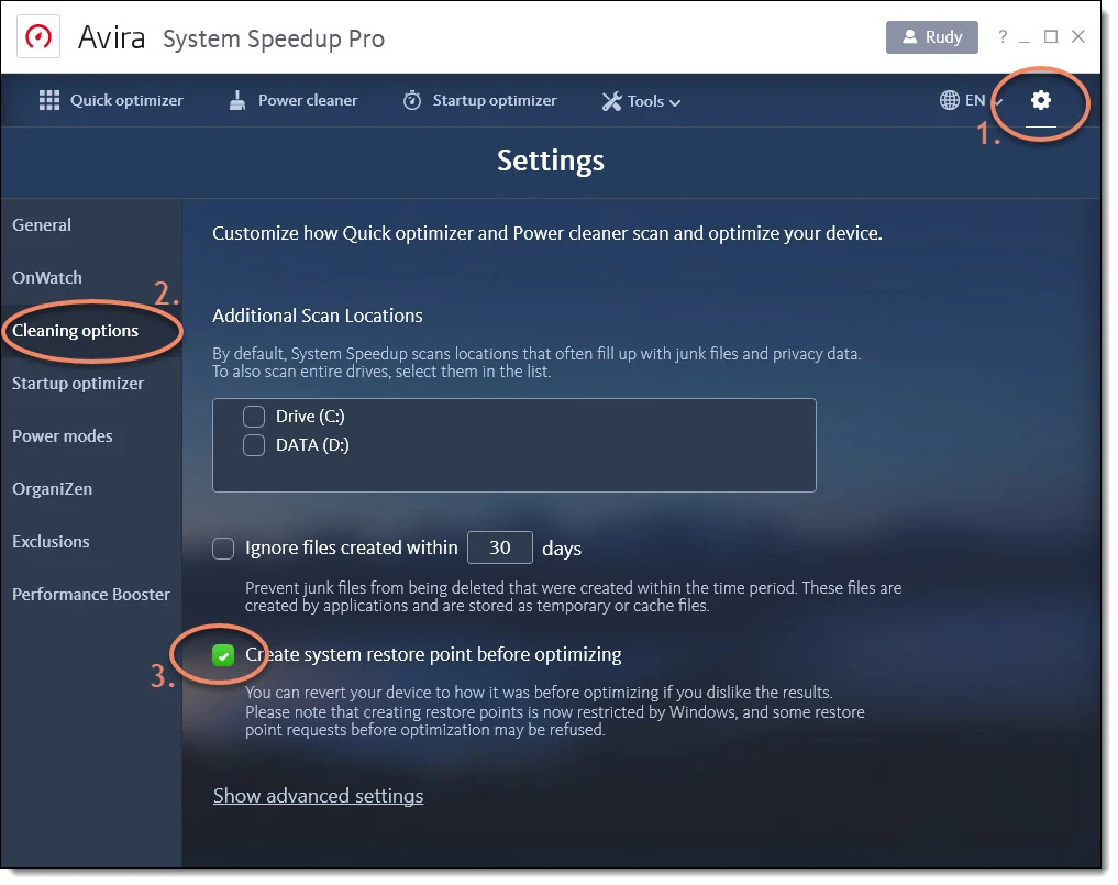 Official Avira System Speedup setting to create a Windows restore point before optimization