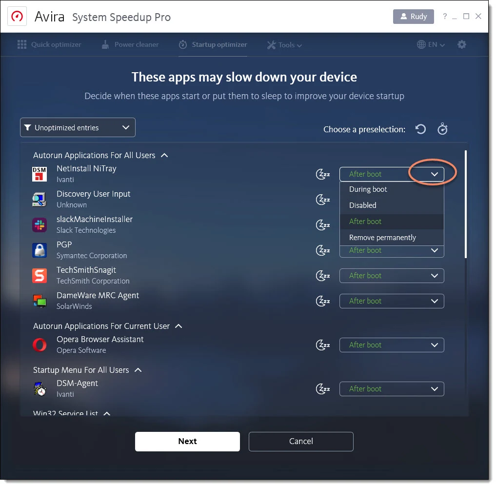 Official Avira System Speedup Startup Optimizer list with options to delay, disable or remove startup entries