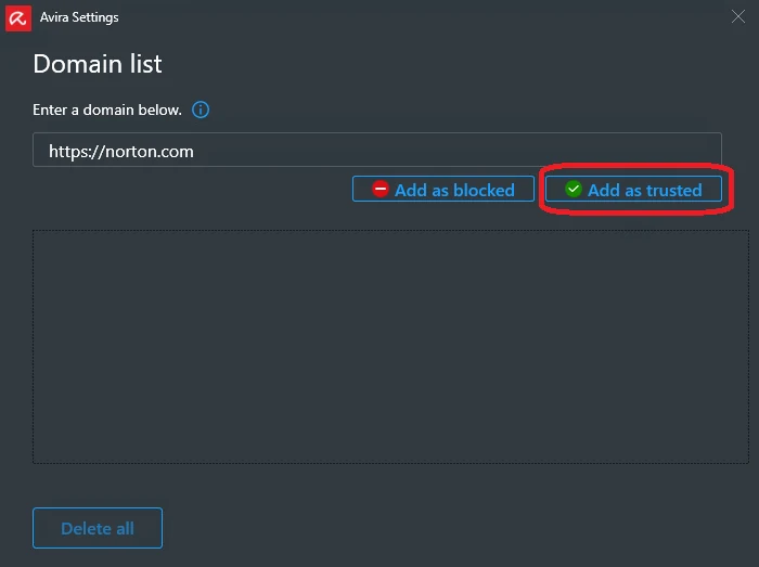 Official Avira Domain list with the Add as trusted control highlighted